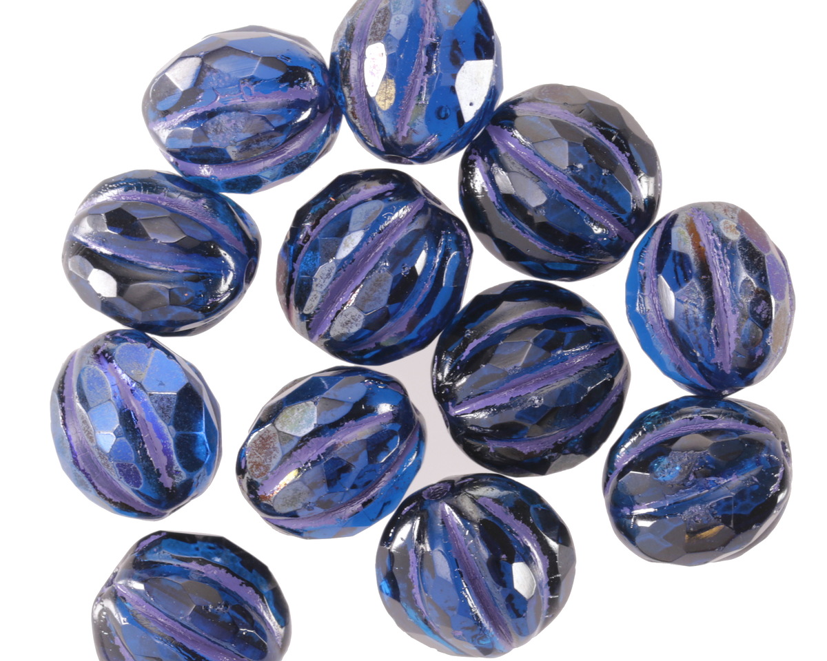 Czech Glass Pacific Blue w/ Iris Luster & Purple Faceted Melon Round 10mm