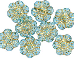 Czech Glass Aquamarine w/ Gold Wild Rose Coin 13mm