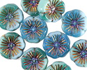 Czech Glass Aquamarine Waters w/ Rainbow Metallic Hibiscus Coin 14mm