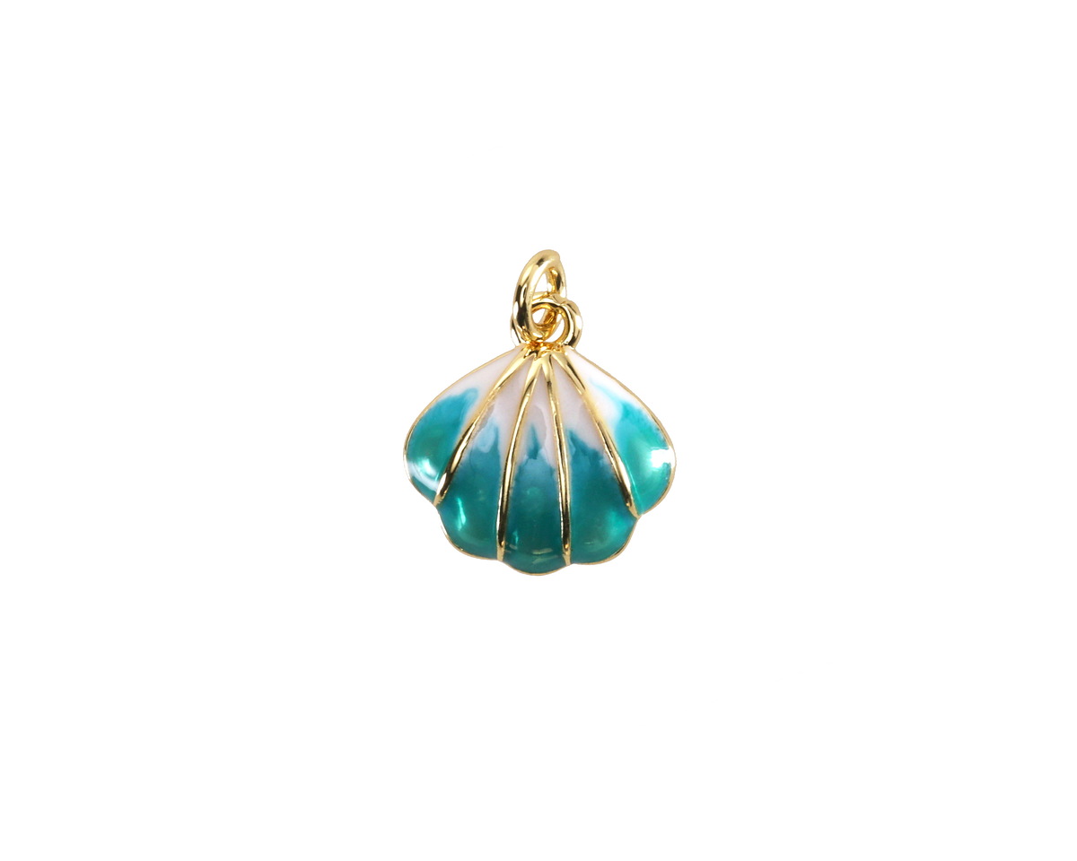 18k Gold (plated) White & Turquoise Enamel Scallop Shell Focal 12x12.5mm