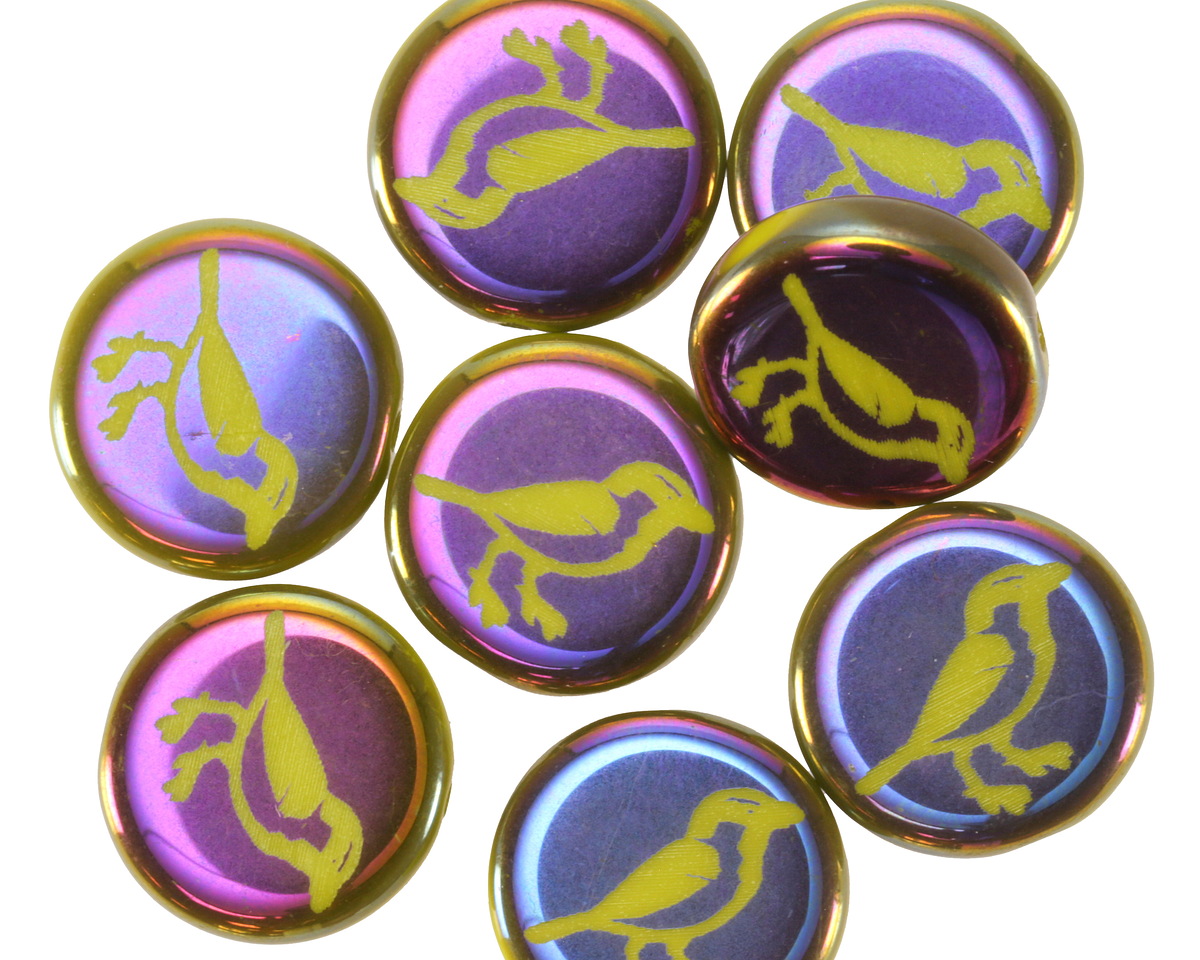 Czech Glass Laser Etched Bird on Wasabi w/ Rainbow Finish Coin 14mm