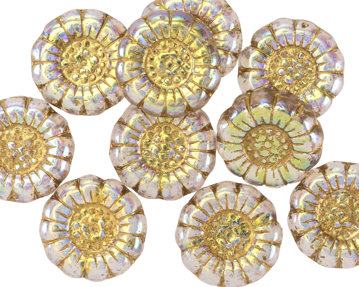 Czech Glass Crystal AB w/ Gold Sunflower 13mm