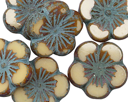 Czech Glass Beige Turquoise Picasso Hibiscus Flower 21mm