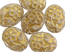 Czech Glass Matte Crystal w/ Gold Floral Oval 21x16mm