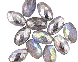 Czech Glass Crystal AB w/ Antique Silver Textured Faceted Rice 12x8mm