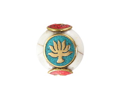 Nepalese White Shell & Brass w/ Lotus on a Turquoise Center Coin Bead 19x17mm