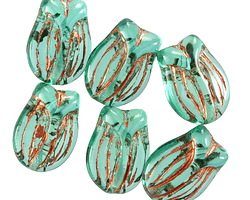 Czech Glass Island Blue w/ Copper Tulip 16x11mm