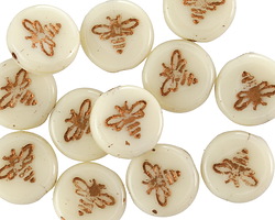 Czech Glass Ivory Opaque w/ Dark Bronze Wash Bee Coin 12mm
