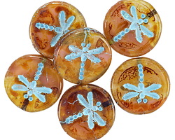 Czech Glass Pink Opal & Crystal Picasso w/ Light Blue Dragonfly Coin 17mm