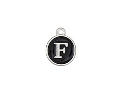 Jet Enamel Silver Finish Initial Coin Charm "F" 12x14mm