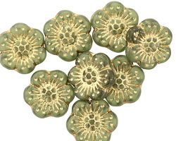 Czech Glass Olive w/ Gold Wild Rose Coin 13mm