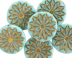 Czech Glass Turquoise w/ Gold Origami Flower Coin 18mm