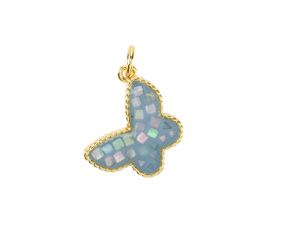 Mother of Pearl in Aqua Enamel w/ Gold Finish Butterfly Pendant 13x16mm