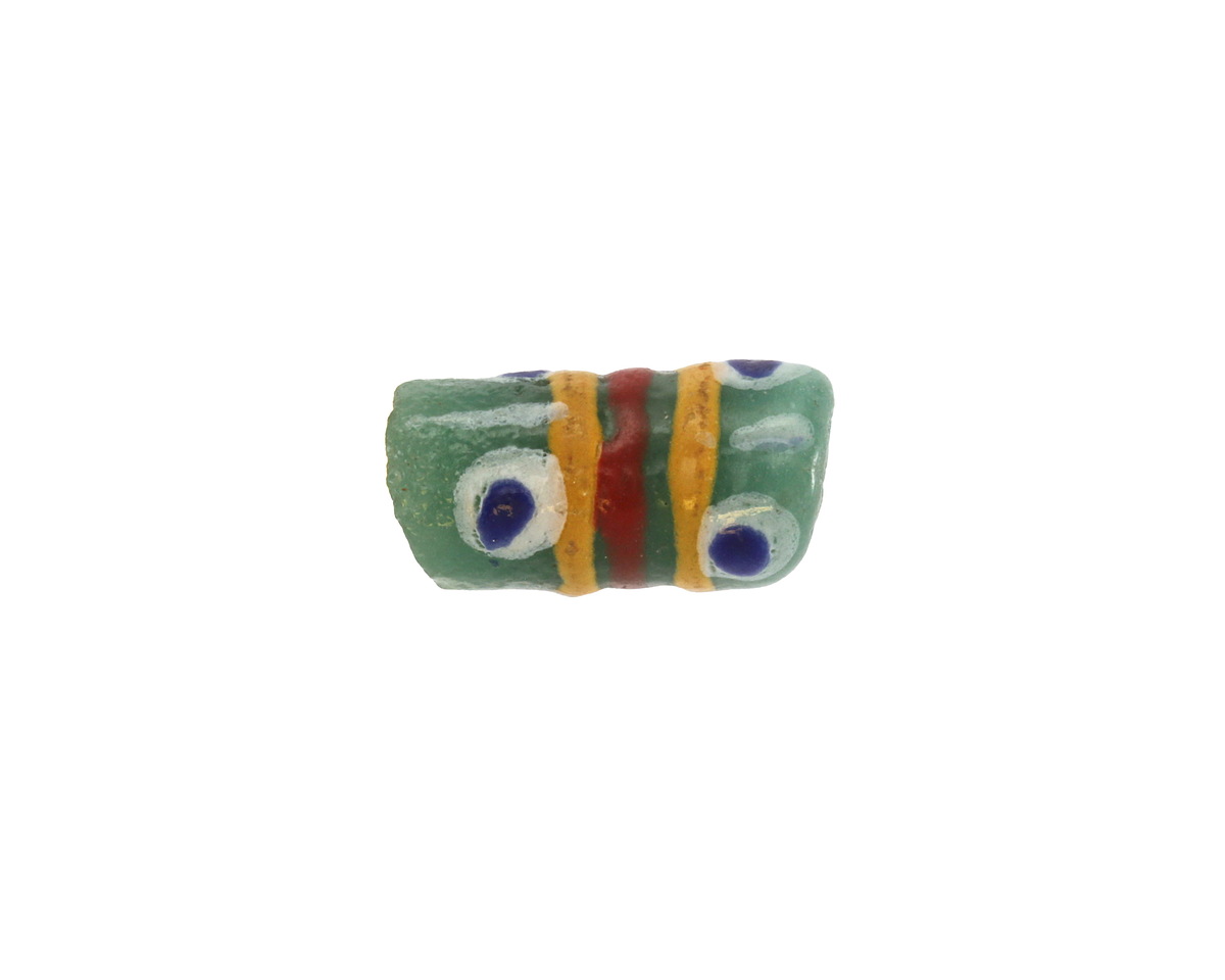 African Glass (Krobo) Green Powder-Cast Hand-Painted Blue Dots & Yellow/Red Striped Tube 15x9mm