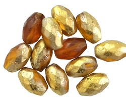 Czech Glass Etched Amber w/ Gold Faceted Rice 12x8mm