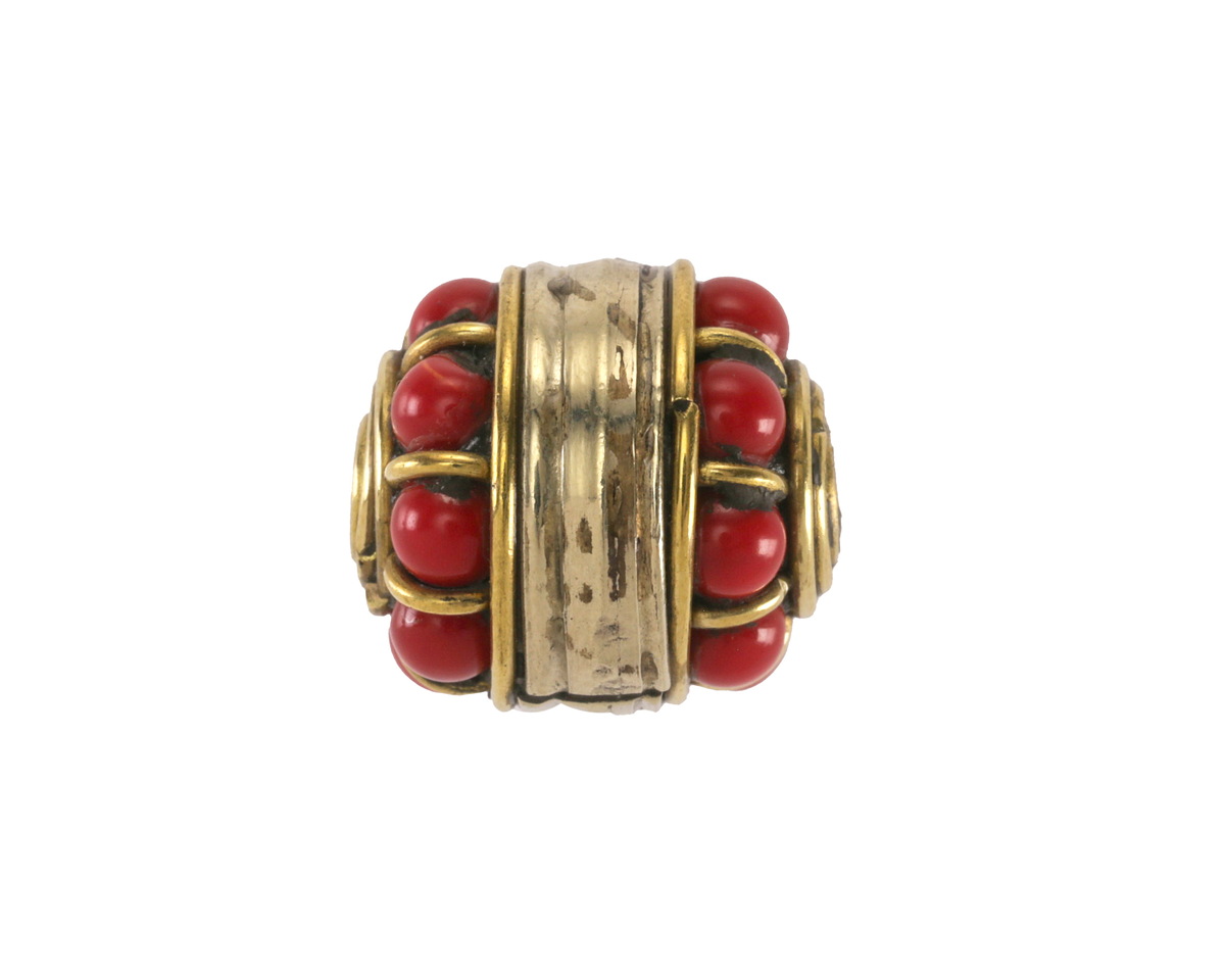 Nepalese Brass Bands w/ Coral Dots Large Barrel Bead 17-18x16mm