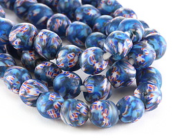 African Recycled Glass Capri w/ Red, White & Blue Seed Bead Tumbled Round 10-14mm