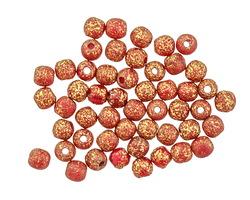 Czech Glass Etched Ruby w/ Gold Round Druk 4mm