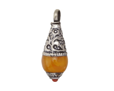 Nepalese Resin Amber & White Brass Teardrop Pendant 10x27mm