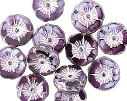 Czech Glass Purple Rain w/ Silver Hibiscus Coin 12mm