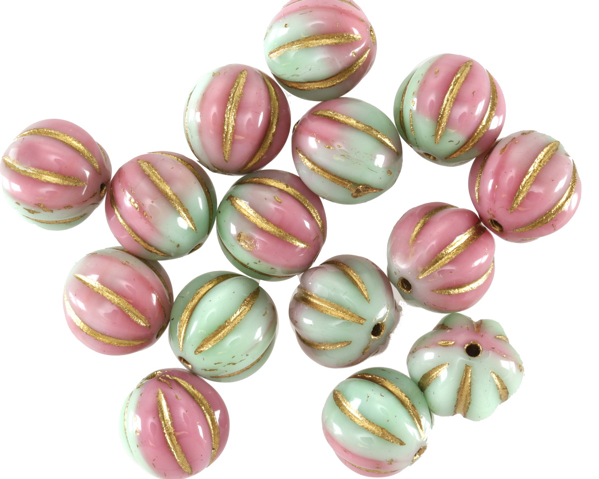 Czech Glass Flamingo Bay w/ Gold Melon Round 8mm