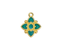 24K Gold (plated) Emerald Pearl Enamel Quatrefoil Focal 15x18mm
