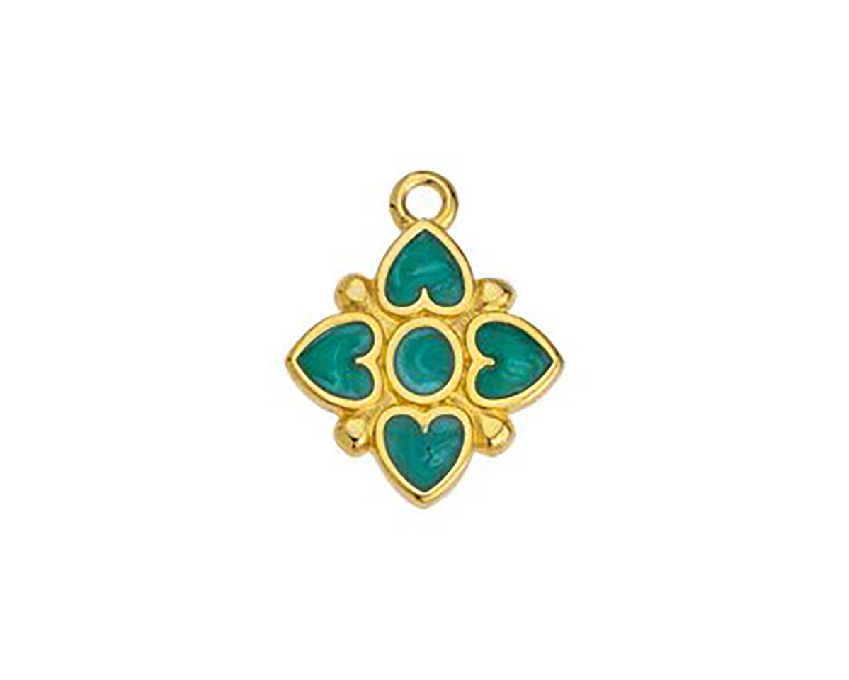 24K Gold (plated) Emerald Pearl Enamel Quatrefoil Focal 15x18mm