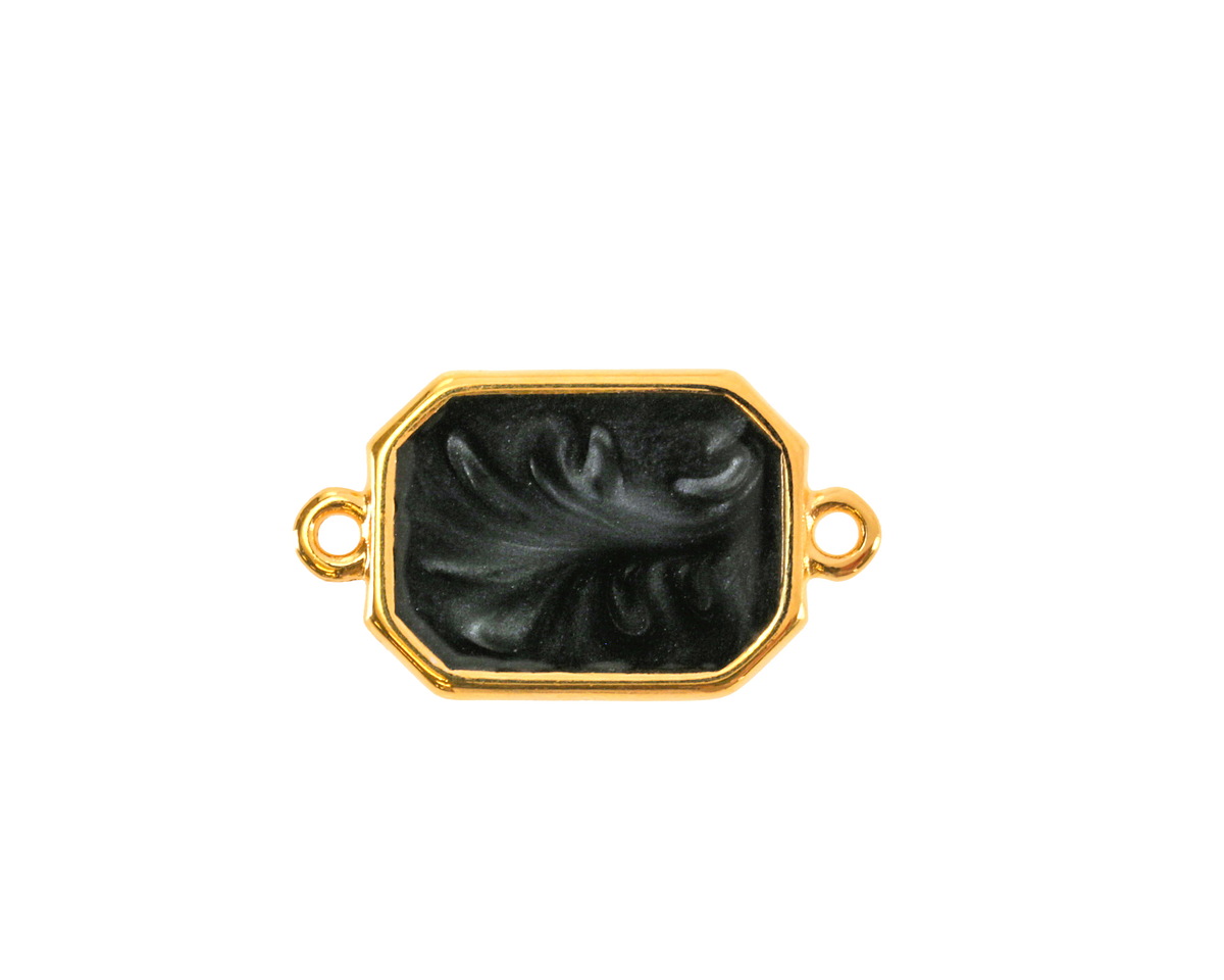 24K Gold (Plated) Jet Pearl Enamel Octagon Focal Link 22x12mm