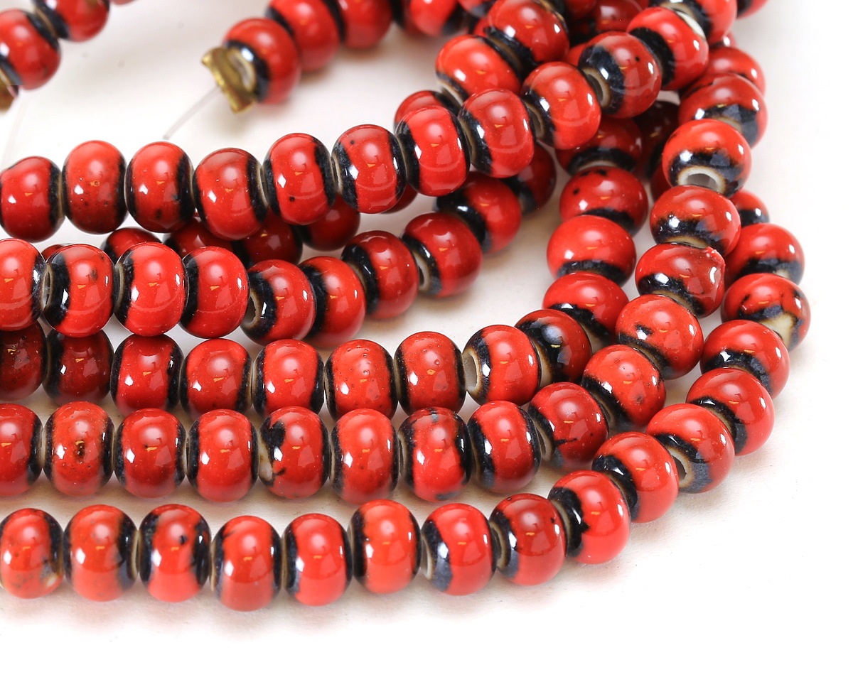 Matador Red w/ Speckles Banded Porcelain Tumbled Rondelle 5x7mm