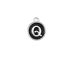 Jet Enamel Silver Finish Initial Coin Charm "Q" 12x14mm