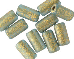 Czech Glass Textured Aquamarine w/ Gold Finish Large Hole Tube 14x7mm