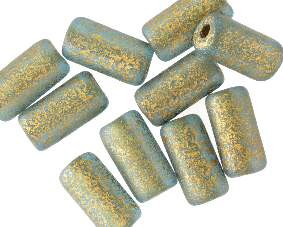 Czech Glass Textured Aquamarine w/ Gold Finish Large Hole Tube 14x7mm