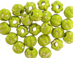 Czech Glass Avocado w/ Gold Large Hole Melon Round 8mm