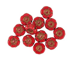 Czech Glass Pepper Red w/ Dark Bronze Hibiscus Coin 7mm