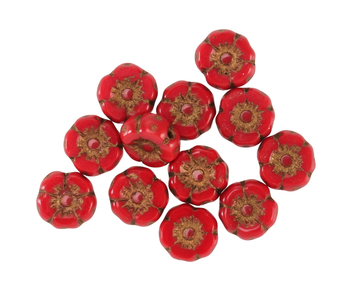 Czech Glass Pepper Red w/ Dark Bronze Hibiscus Coin 7mm