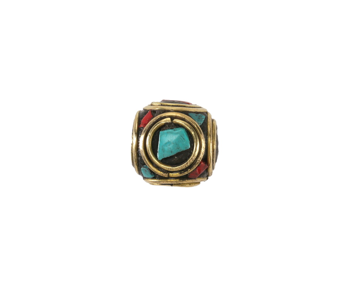Nepalese Brass Double Ringed Turquoise & Coral Mosaic Cube 10-11mm