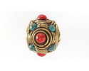 Nepalese Brass w/ Turquoise & Coral 4-Sided Rondelle 17x22mm
