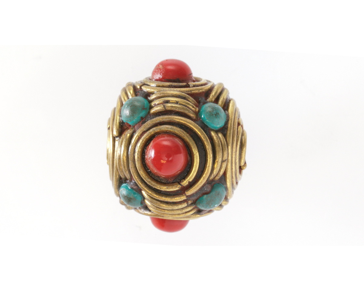 Nepalese Brass w/ Turquoise & Coral 4-Sided Rondelle 17x22mm