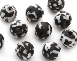 African Recycled Glass Jet Black & White Tumbled Round 12-14mm