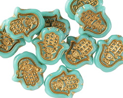 Czech Glass Turquoise w/ Gold Hamsa Hand 15x14mm