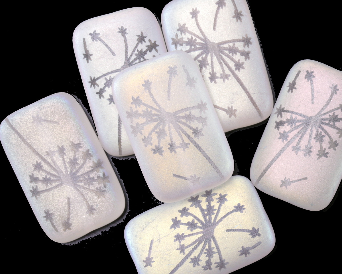 Czech Glass Laser Etched Dandelion on Matte Crystal AB Rectangle 19x12mm