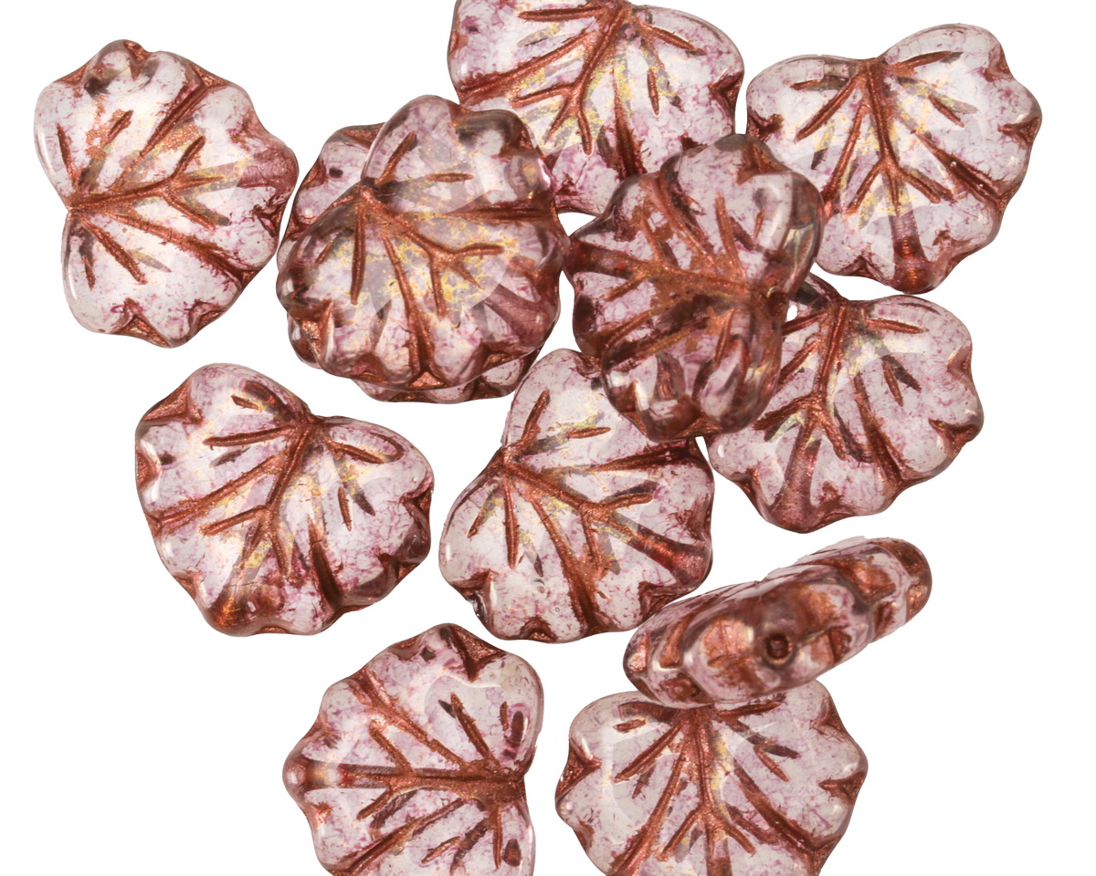 Czech Glass Crystal w/ Pink Luster & Copper Maple Leaf 11x13mm