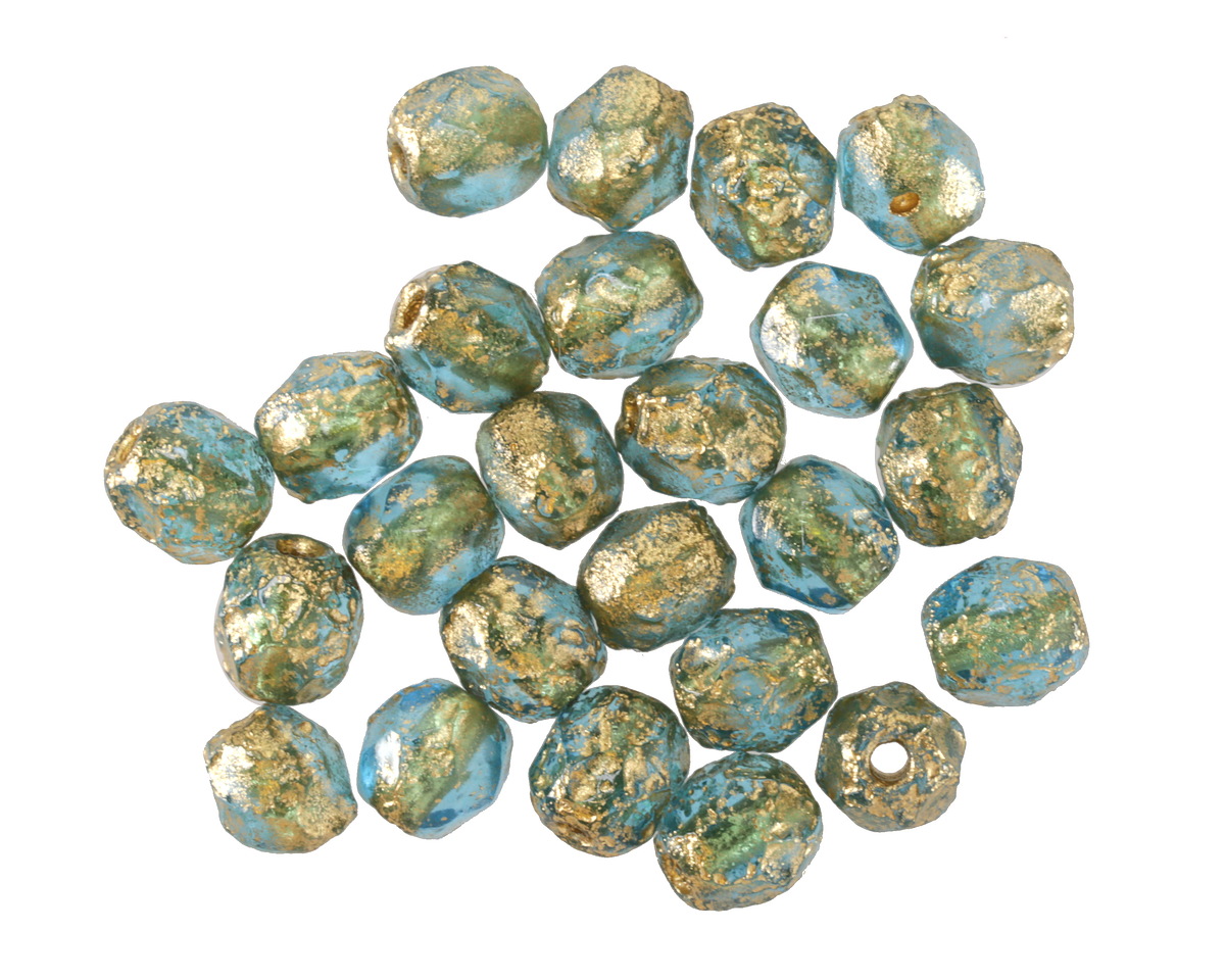 Czech Glass Textured Aquamarine w/ Gold Wash Fire Polished Round 6mm