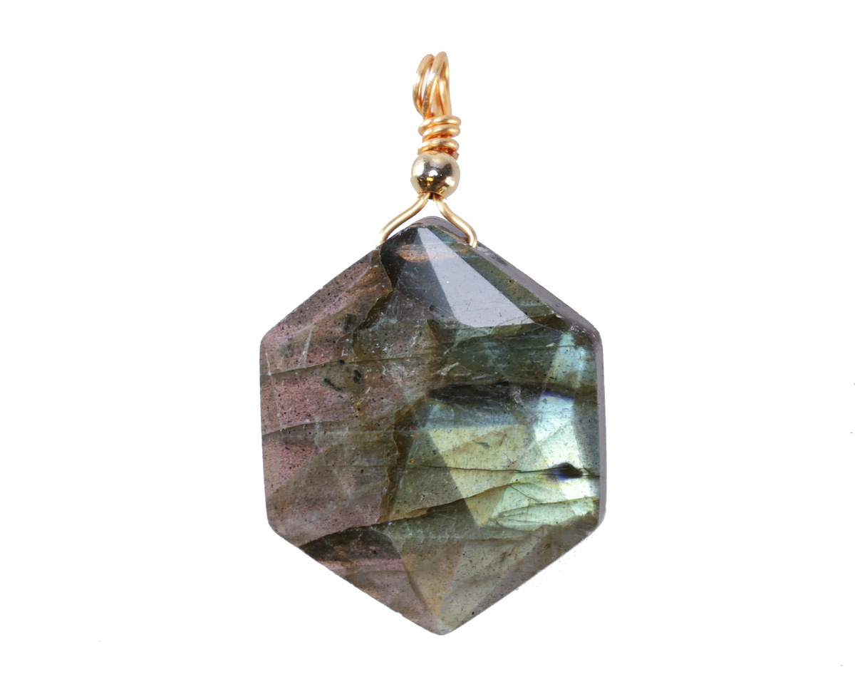 Labradorite w/ Gold Finish Faceted Hexagon Wire Wrapped Pendant 20x25mm