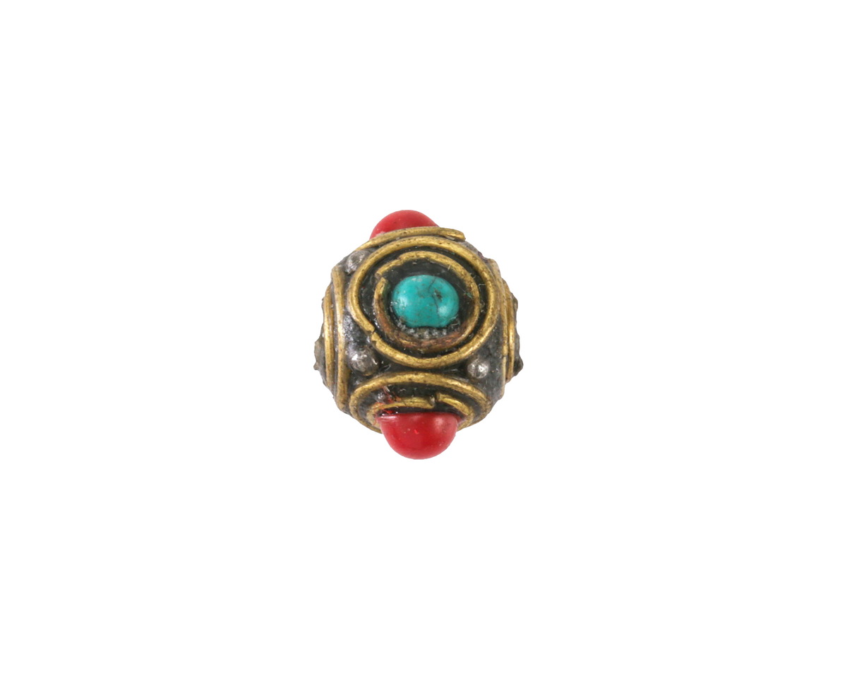 Nepalese Brass w/ Dots & Double Ringed Turquoise & Coral Dots Cube 10-11x14mm