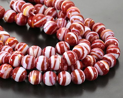Brick Red & White Swirl Lampwork Glass Round 10mm