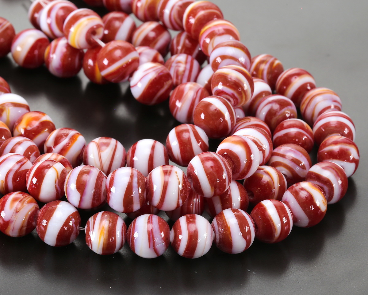 Brick Red & White Swirl Lampwork Glass Round 10mm