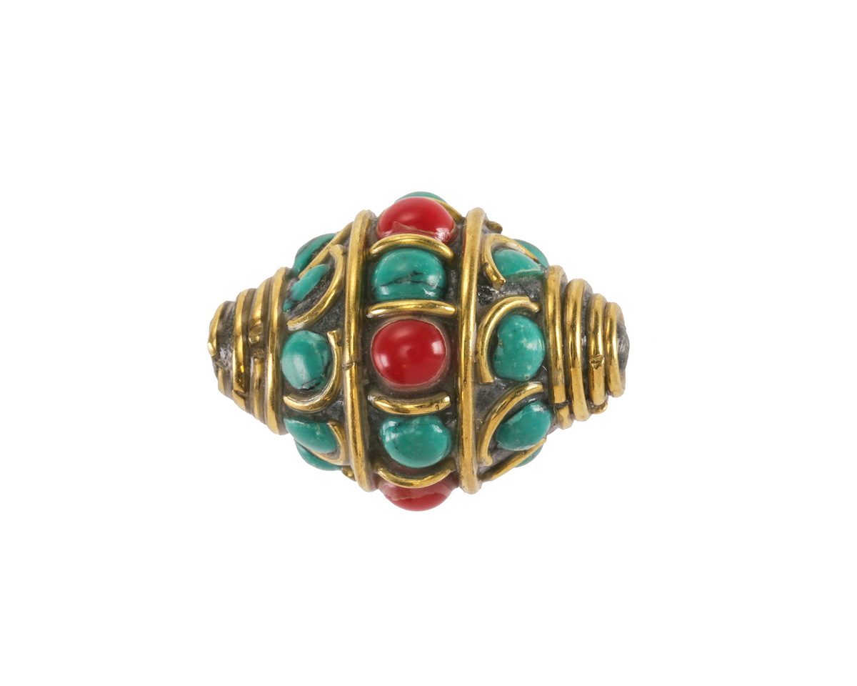 Nepalese Brass Bands w/ Turquoise & Coral Alternating Dots & Turquoise Bands Large Rice Bead 21x17mm
