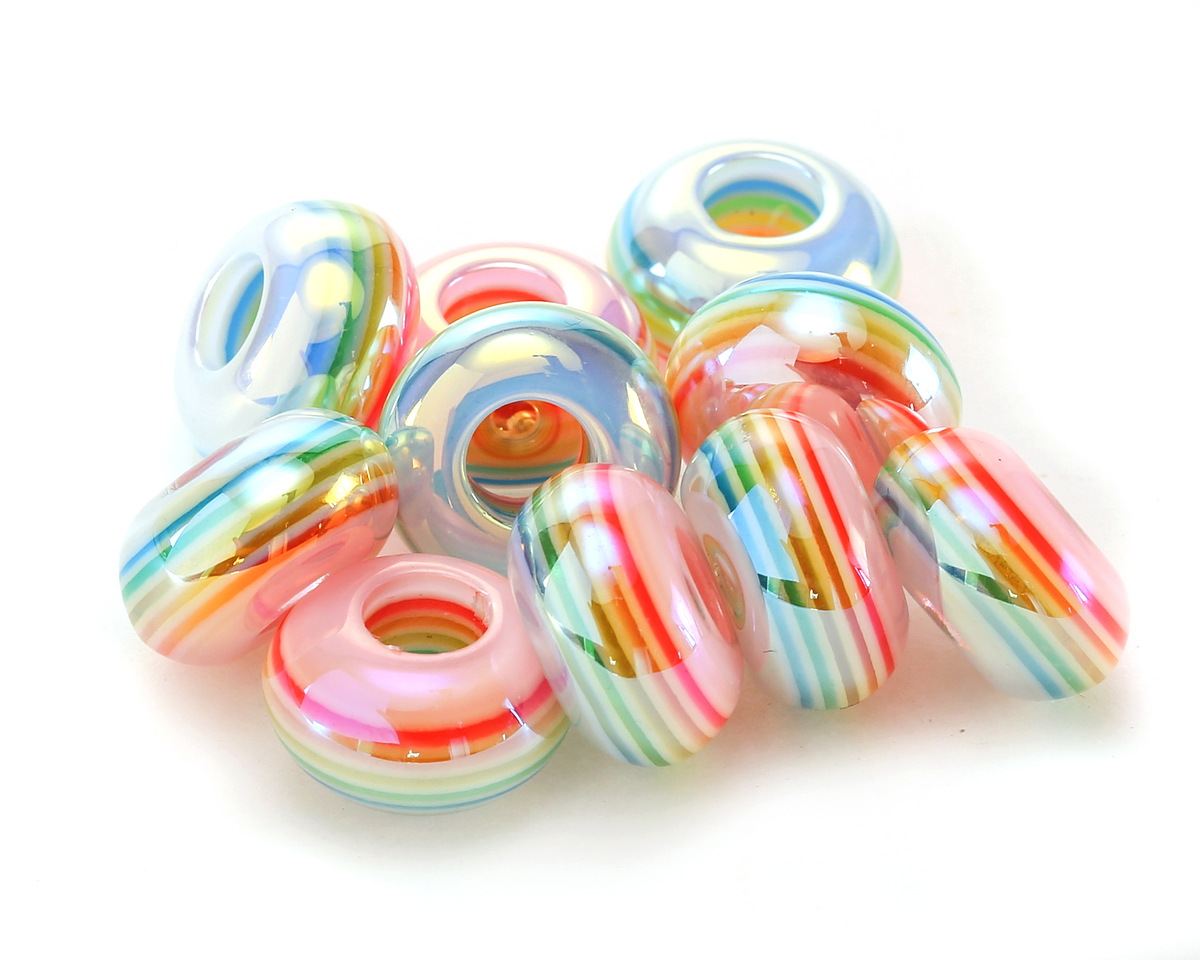 Pastel Rainbow Banded Resin Large-Hole Rondelle 8x14mm