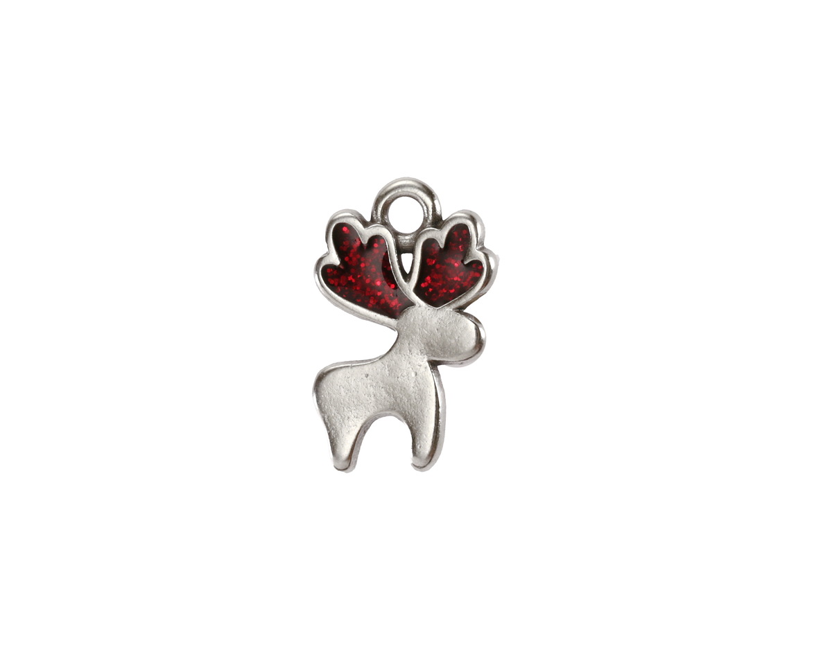 Antique Silver (plated) Cherry Red Enamel w/ Glitter Reindeer Pendant 10x16mm